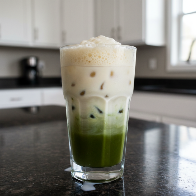 A beautifully layered Iced Matcha Latte in a tall glass, garnished with a straw and ice cubes, ready to enjoy.