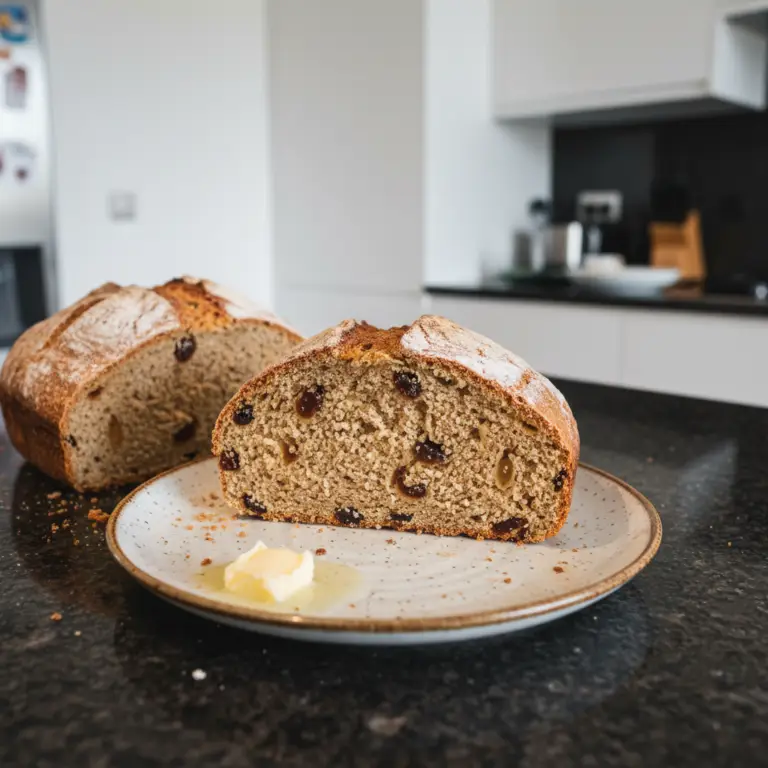 A rustic, golden-brown loaf of traditional Irish Soda Bread with a cross cut, resting on a wooden board.