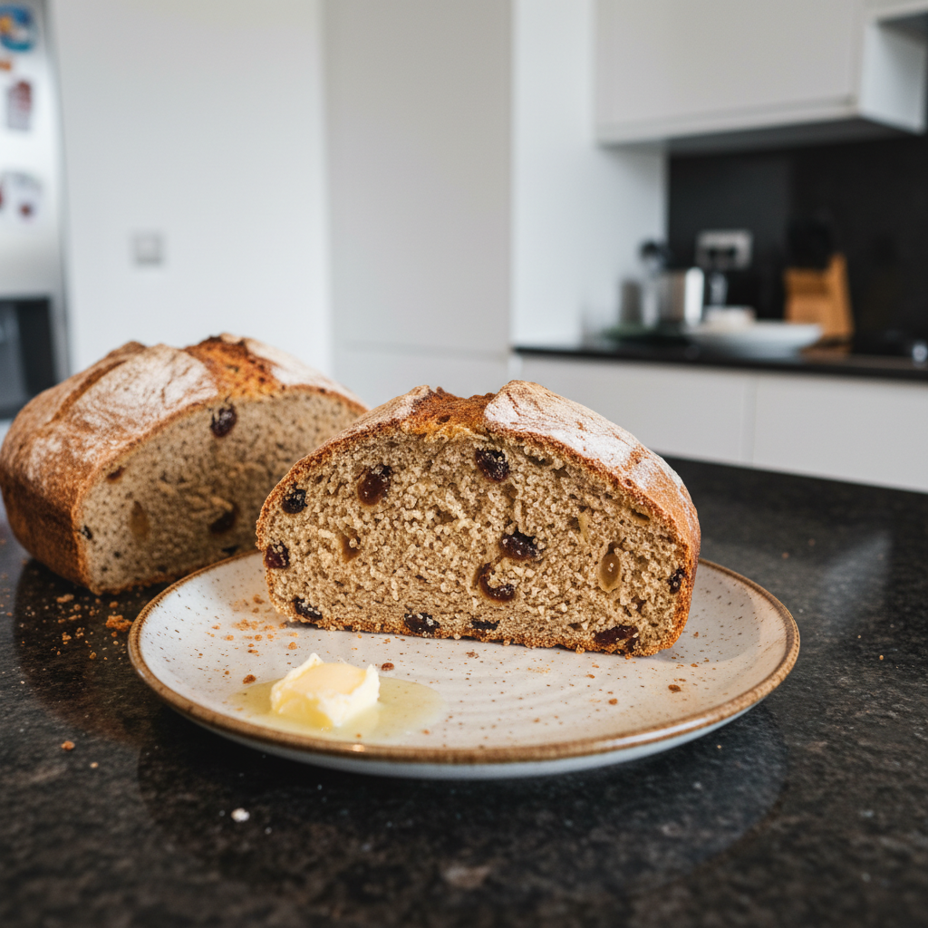 A rustic, golden-brown loaf of traditional Irish Soda Bread with a cross cut, resting on a wooden board.