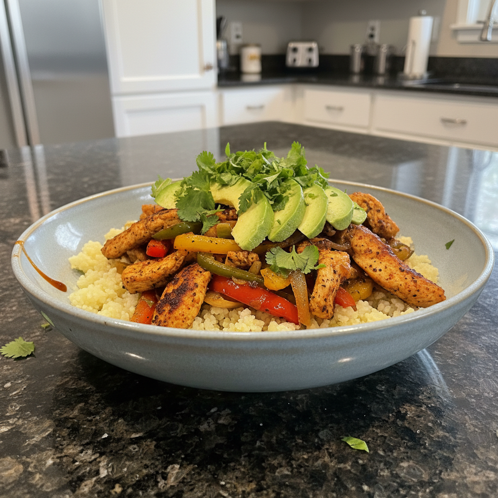 A vibrant Keto Chicken Fajita Bowl bursting with seasoned chicken, colorful bell peppers, and onions, garnished with cilantro.