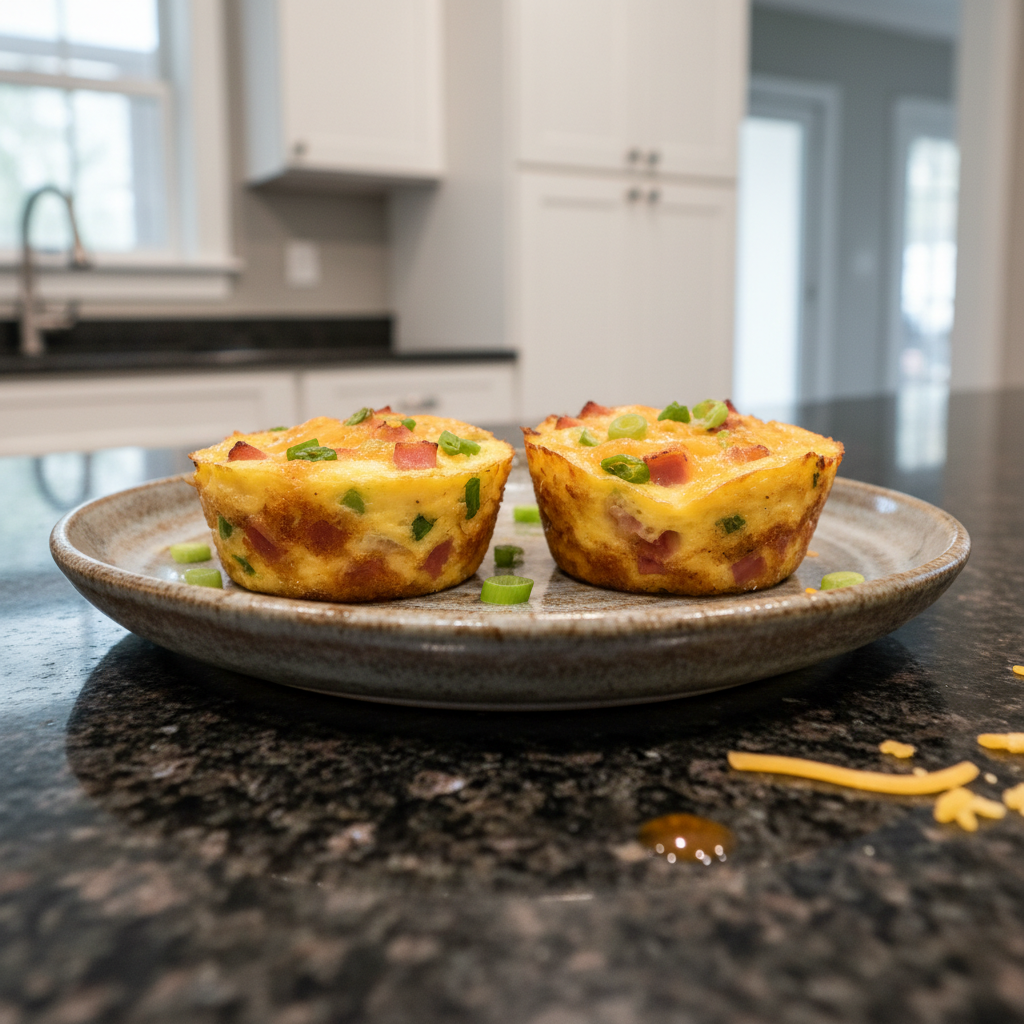 Golden brown Keto Egg Breakfast Cups in a muffin tin, filled with cheese and spinach, ready to eat.