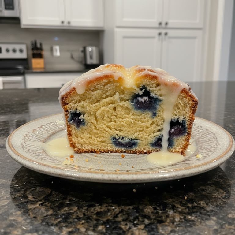 A golden-brown loaf of Lemon Blueberry Bread with a sweet lemon glaze and visible blueberries.