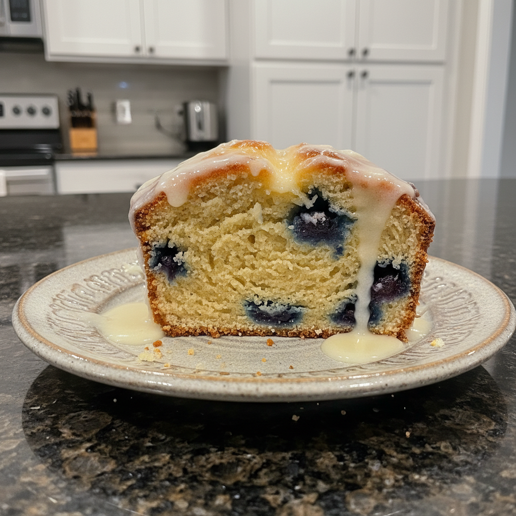 A golden-brown loaf of Lemon Blueberry Bread with a sweet lemon glaze and visible blueberries.