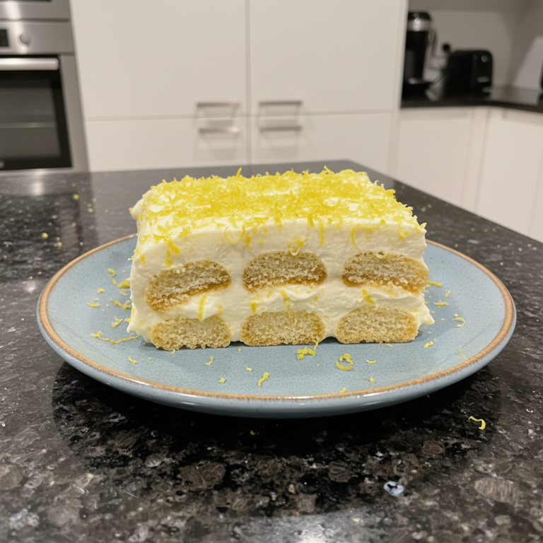 A generous slice of creamy Limoncello Tiramisu, garnished with fresh mint and lemon zest, presented on a white plate.