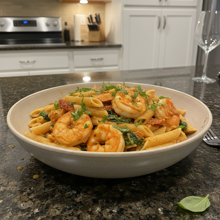 A creamy, vibrant plate of Marry Me Shrimp Pasta with plump shrimp, sun-dried tomatoes, and fresh herbs, ready to be served.