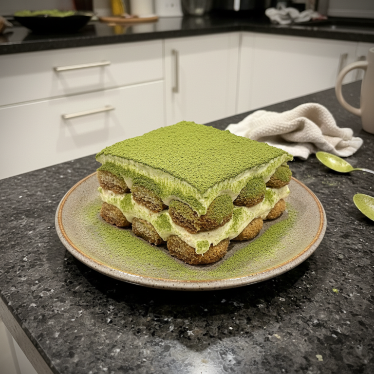 A beautiful slice of green matcha tiramisu, layered with cream and dusted with powder, ready to be enjoyed.