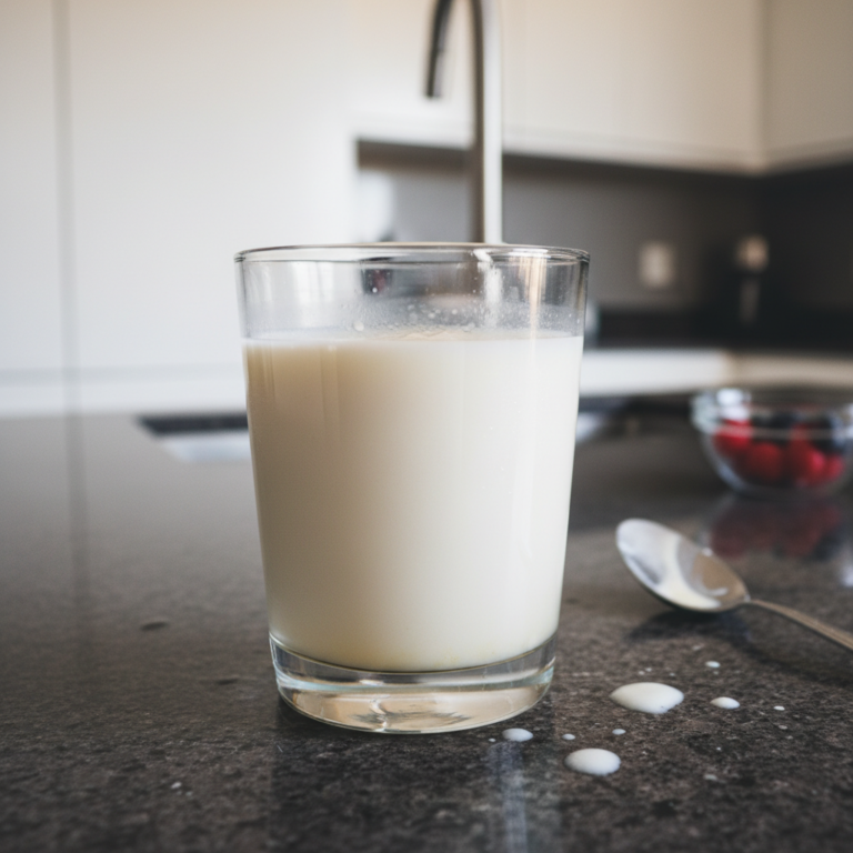 Creamy, homemade milk kefir in a glass jar, ready to drink. Making milk kefir at home is simple.