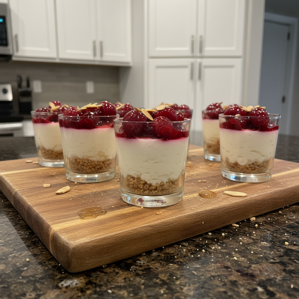 Individual Mini Cherry Cheesecake Shooters in elegant glasses, garnished with whipped cream and a bright red cherry.