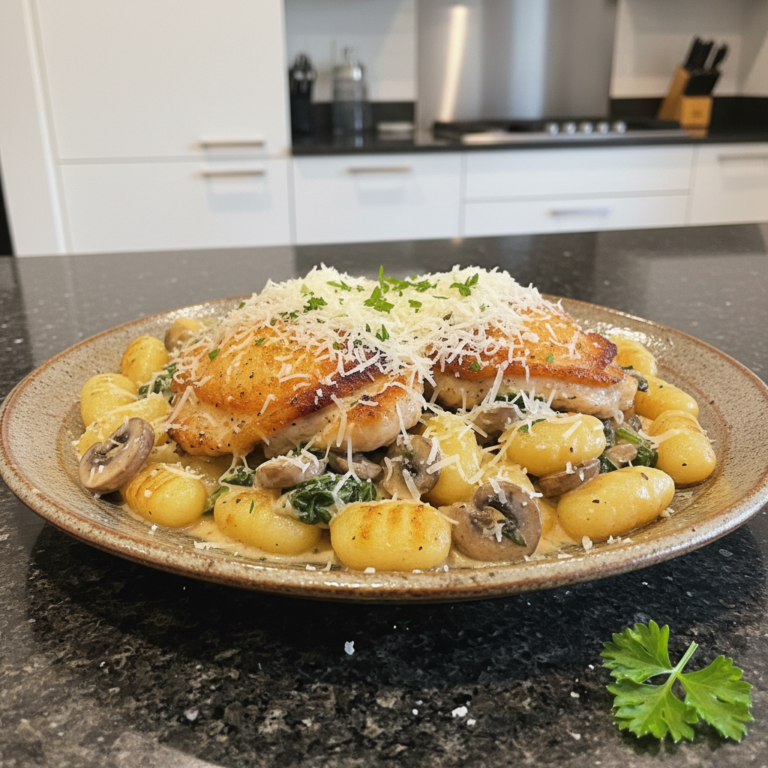 A delicious, golden-brown One-Pan Chicken & Gnocchi dish, fresh out of the oven, served in a cast-iron skillet.