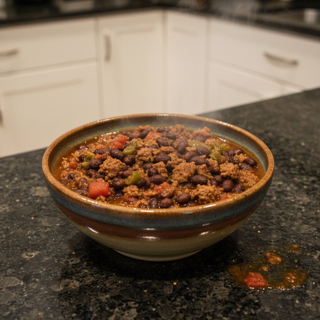 A vibrant bowl of one-pot black bean chili garnished with fresh cilantro and a dollop of sour cream.