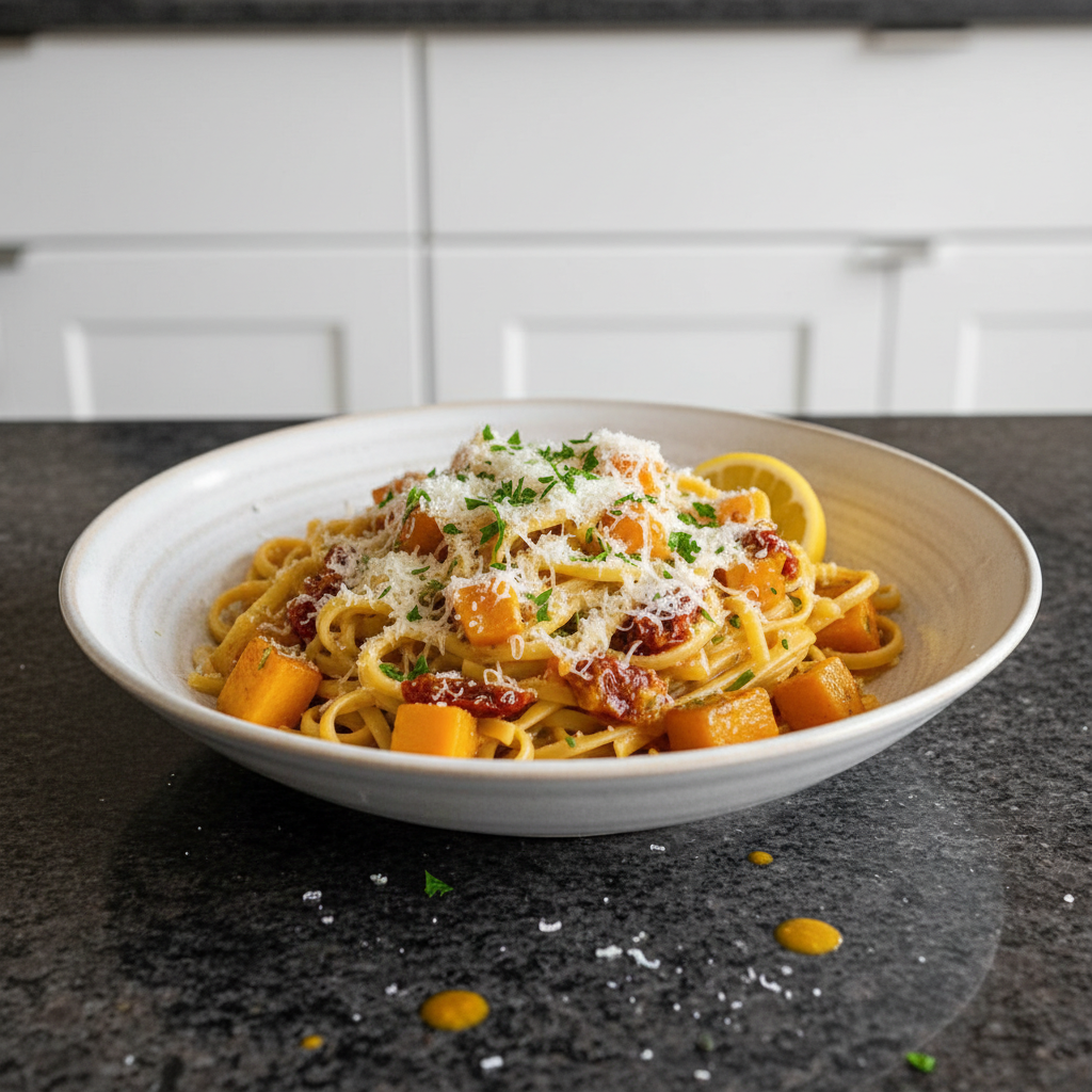 A creamy and vibrant One-Pot Butternut Squash Pasta served in a large bowl, garnished with fresh sage.