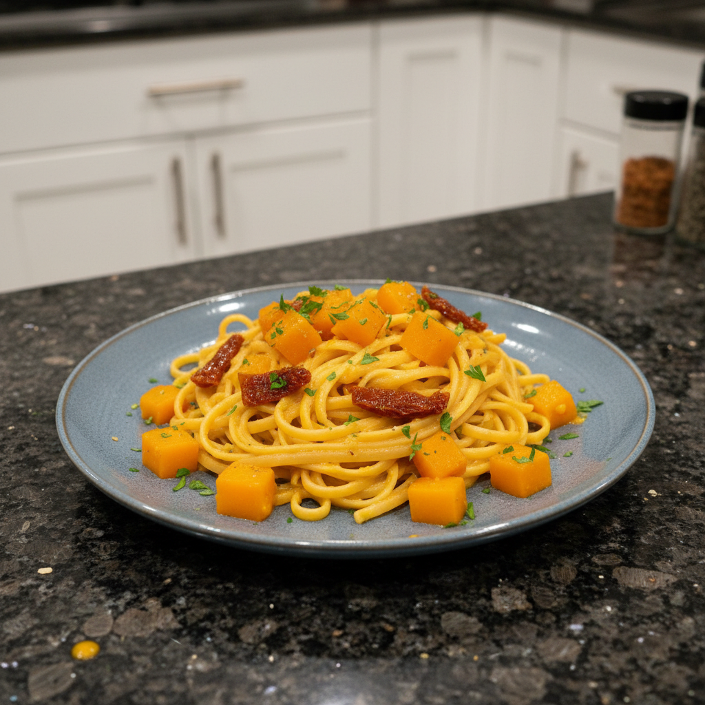 Creamy One-Pot Butternut Squash Pasta garnished with fresh sage and parmesan, served in a rustic bowl.