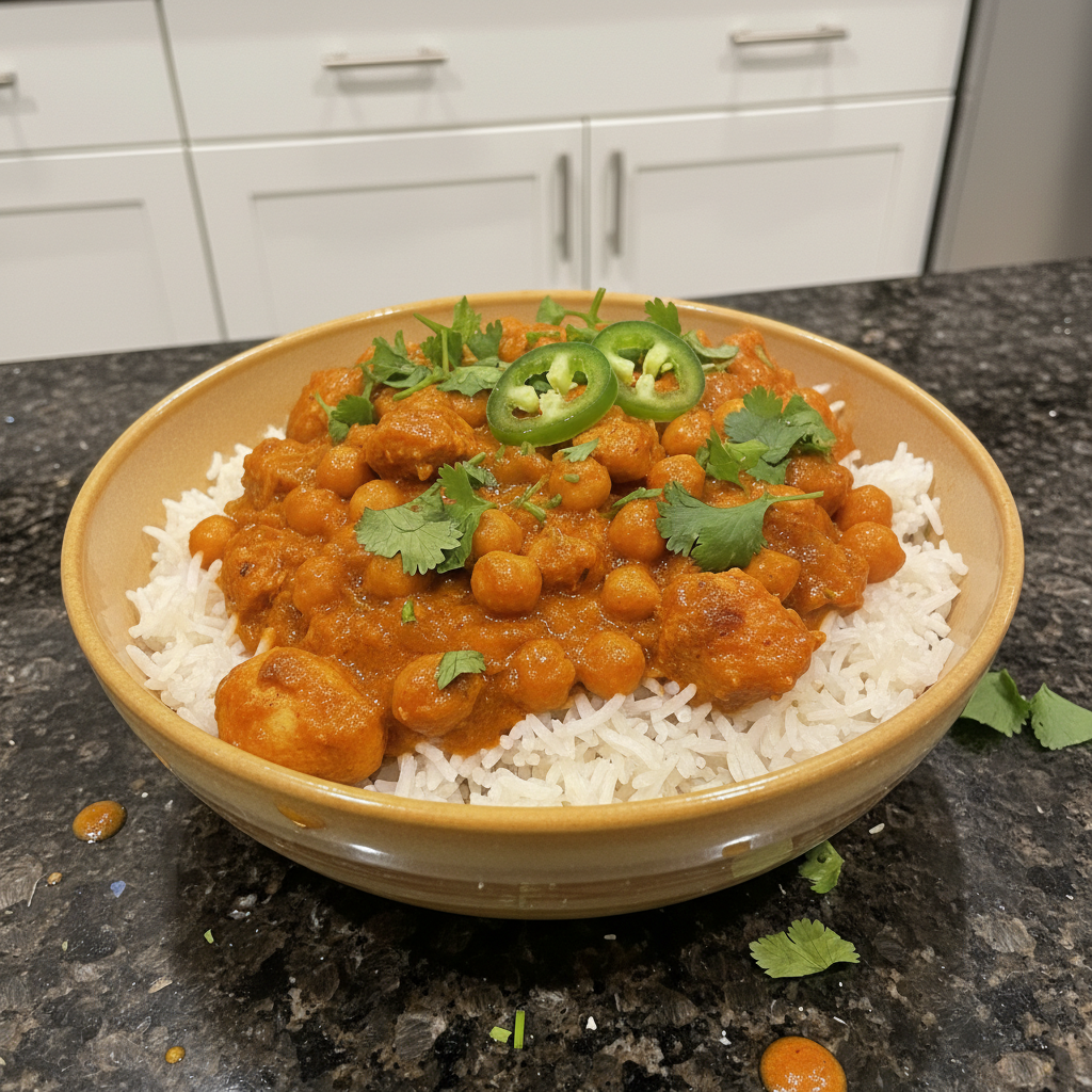 A vibrant bowl of creamy One-Pot Chicken Tikka Masala, garnished with fresh cilantro and served with fluffy rice.