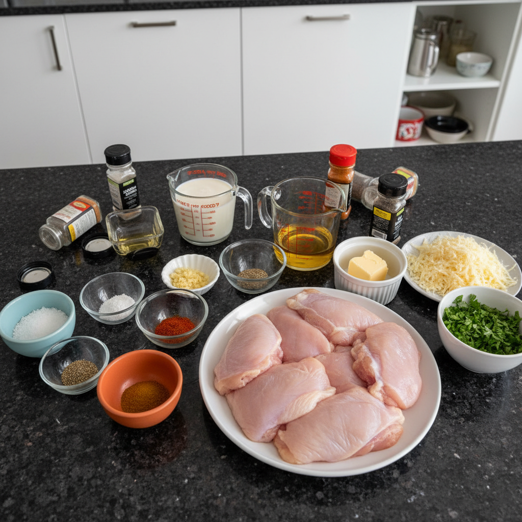 Fresh ingredients laid out for One-Pot Creamy Garlic Chicken, including chicken breasts, garlic, cream, and herbs.