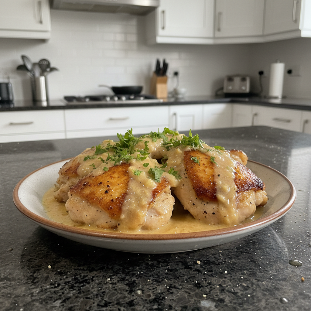 A delicious One-Pot Creamy Garlic Chicken with tender chicken pieces and a rich sauce, garnished with fresh parsley.