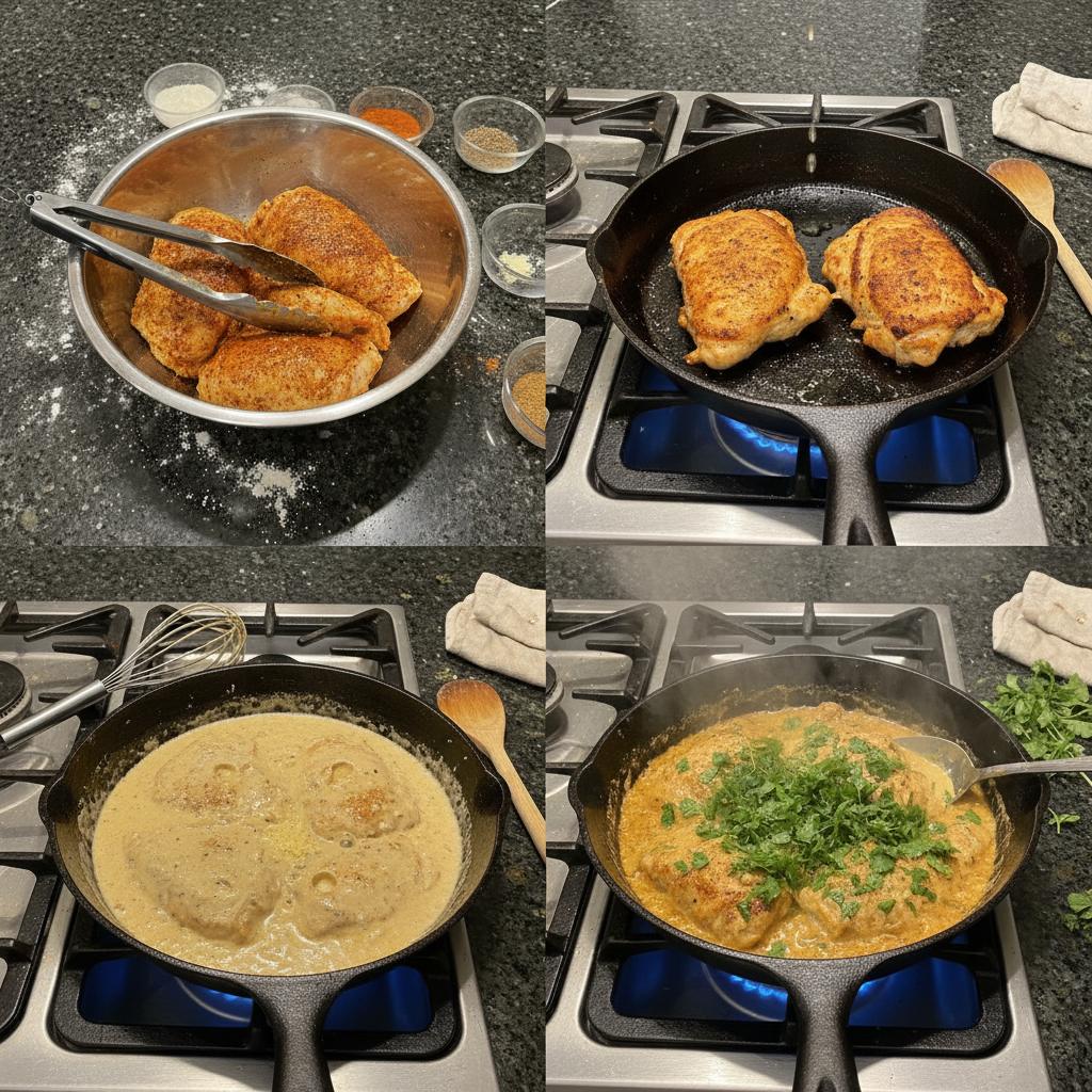 Searing chicken in a large pot, an essential step for One-Pot Creamy Garlic Chicken.