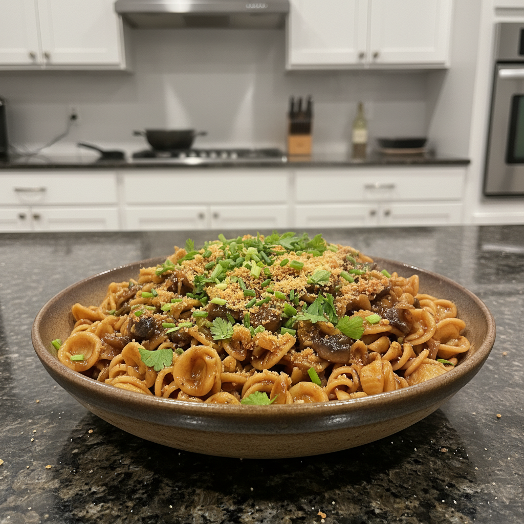 A close-up of creamy One-Pot French Onion Pasta garnished with fresh thyme, ready to be served.