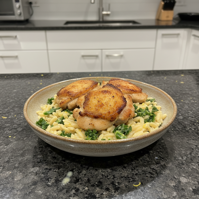 A close-up of a vibrant One-Pot Lemon Chicken & Orzo dish in a pan, garnished with fresh parsley and lemon slices.