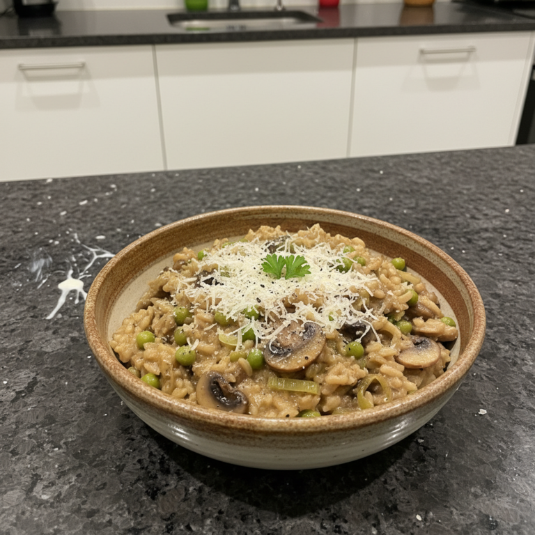 Creamy One-Pot Mushroom Risotto, garnished with fresh herbs, ready to serve in a rustic bowl.