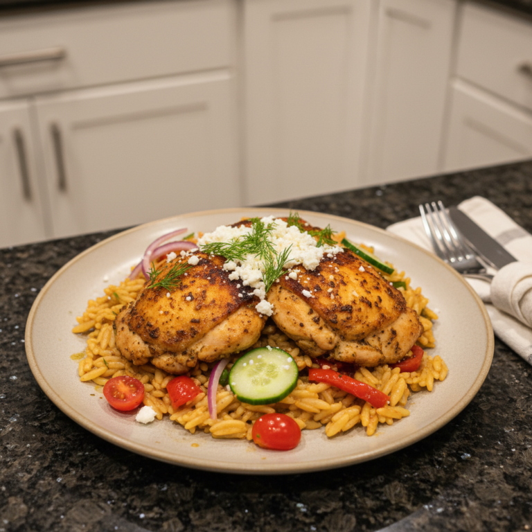 A close-up of a sizzling One-Pot Shawarma Chicken & Orzo Skillet, garnished with fresh parsley and lemon wedges.