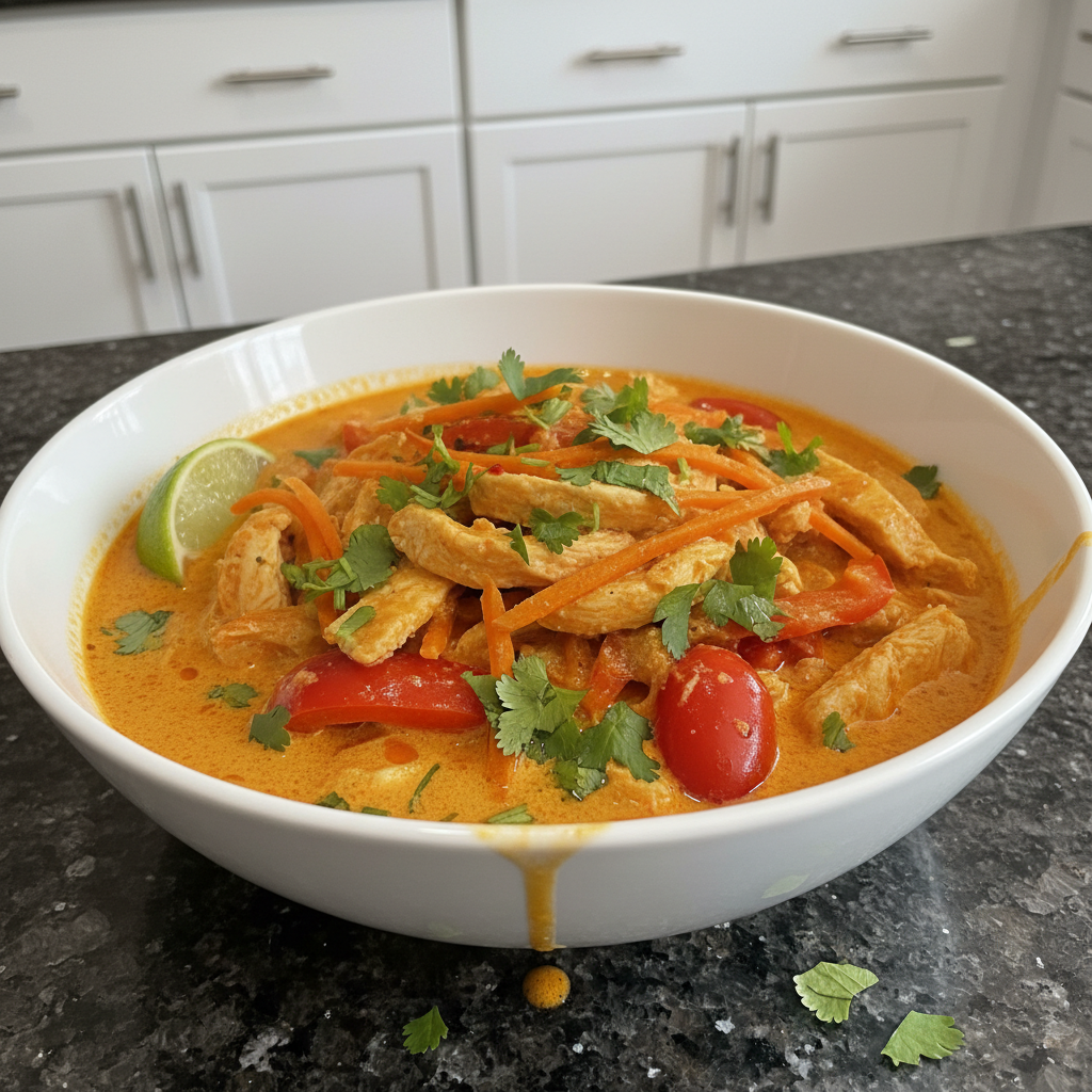A vibrant bowl of creamy One-Pot Thai Red Curry with chicken, bell peppers, and fresh basil ready to be enjoyed.