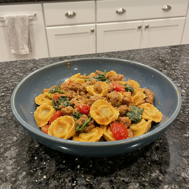 A creamy, hearty bowl of One-Pot Tortellini Sausage with spinach, bathed in a rich tomato sauce, ready to serve.