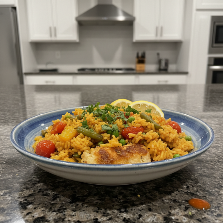 A vibrant One-Pot Vegetable Paella served in a traditional pan, garnished with fresh parsley and lemon wedges.