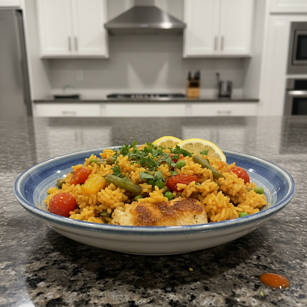 A vibrant One-Pot Vegetable Paella served in a traditional pan, garnished with fresh parsley and lemon wedges.