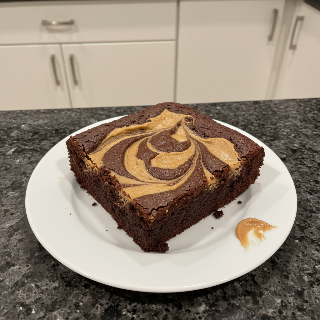 Close-up of freshly baked peanut butter brownies, rich and fudgy, with a distinctive peanut butter swirl on top.