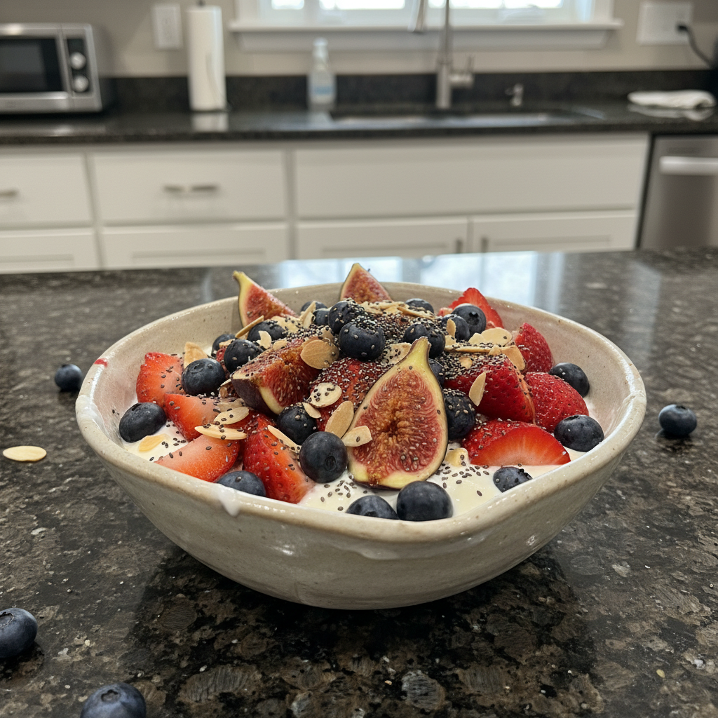 A vibrant Probiotic Breakfast Yogurt Bowl topped with fresh berries, crunchy granola, and a drizzle of honey, ready to enjoy.