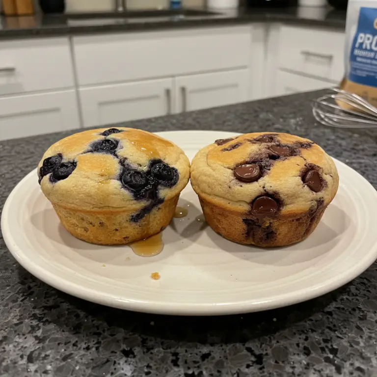 A stack of fluffy golden protein pancake muffins drizzled with syrup and fresh berries, ready to eat.
