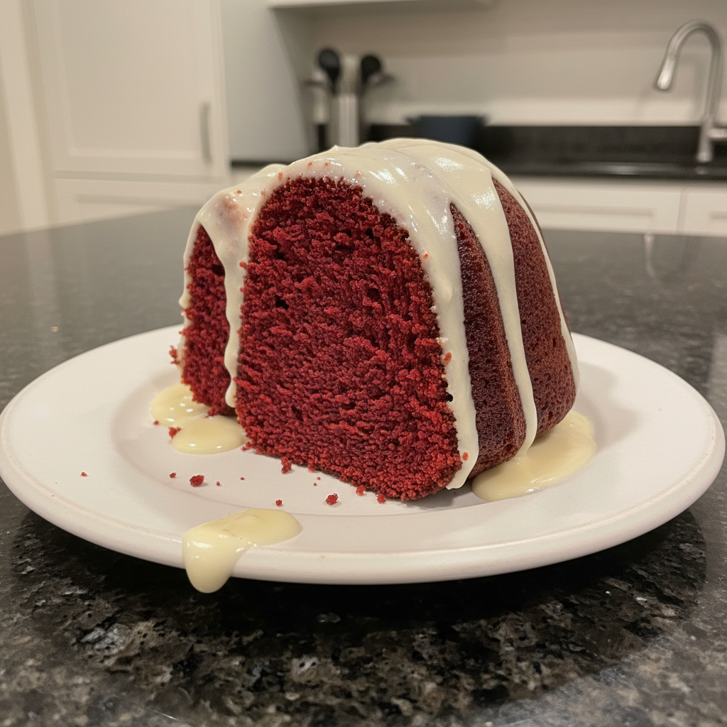 A beautifully decorated Red Velvet Bundt Cake, drizzled with cream cheese frosting, on a cake stand.