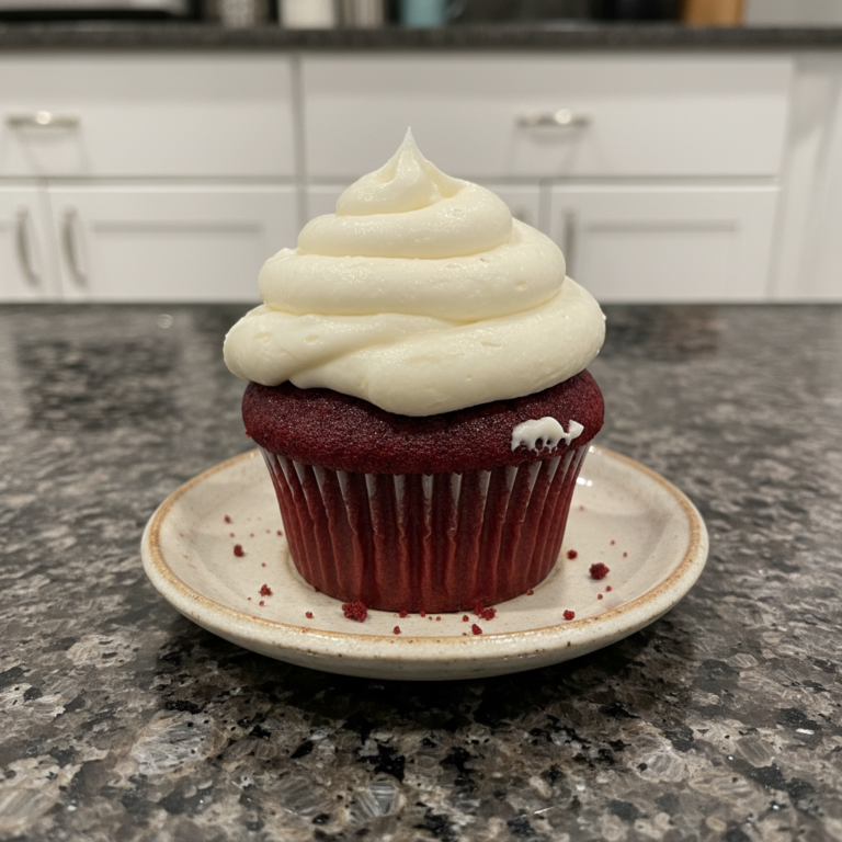 A perfectly baked Red Velvet Cupcake Recipe, topped with creamy white frosting and a sprinkle of red crumbs.
