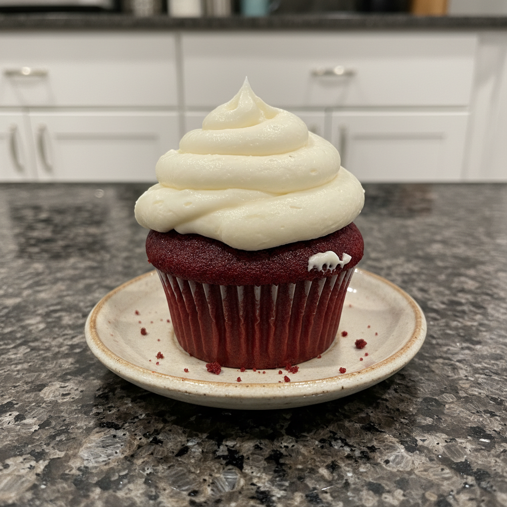 A perfectly baked Red Velvet Cupcake Recipe, topped with creamy white frosting and a sprinkle of red crumbs.