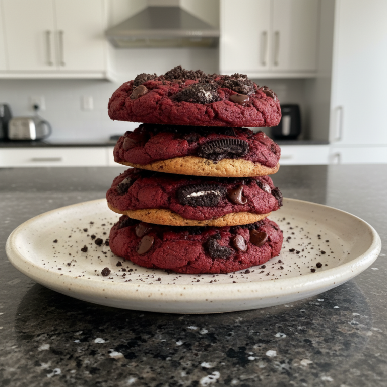 Delicious Red Velvet Oreo Cookies, soft and chewy with cream cheese frosting, stacked beautifully on a plate.