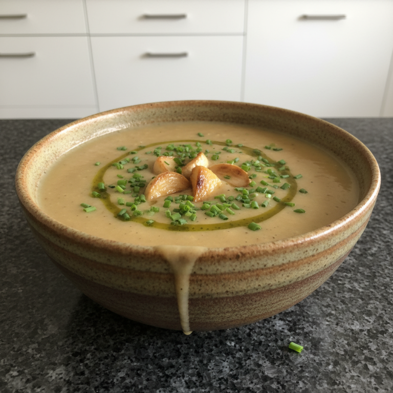 A creamy bowl of Roasted Garlic Potato Soup garnished with fresh chives and a swirl of cream.