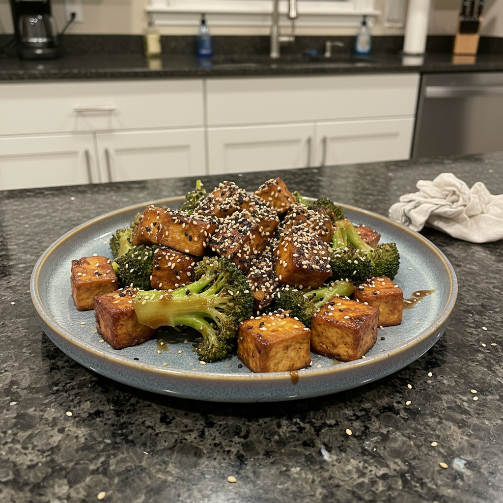 A vibrant close-up of glistening Sesame Tofu & Broccoli served in a bowl, garnished with sesame seeds and fresh scallions.