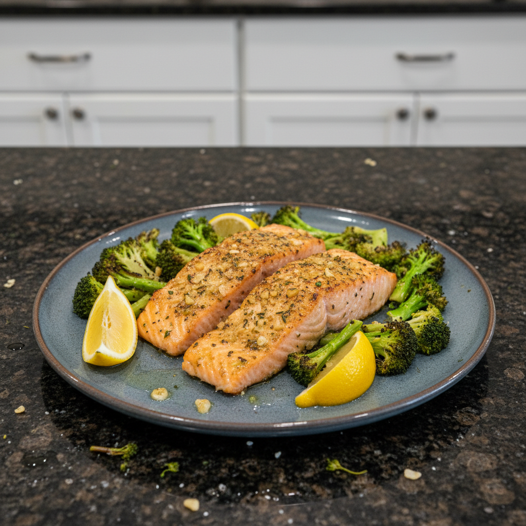 A perfectly cooked sheet-pan garlic salmon fillet with roasted asparagus and lemon wedges, ready to serve.