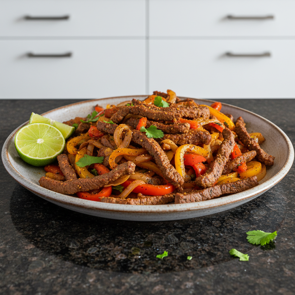 Delicious Sheet-Pan Steak Fajitas served sizzling hot with vibrant peppers and onions, garnished with cilantro and lime.