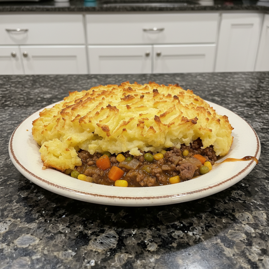 A golden-brown Shepherd's Pie with creamy mashed potato topping, fresh herbs, and rich filling visible.