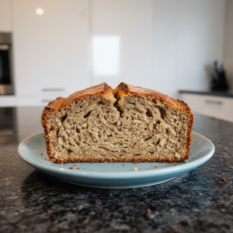Golden-brown slice of moist Sourdough Banana Bread with a tender crumb, ready to be enjoyed with coffee.