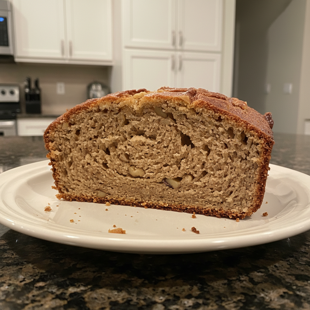 A generous slice of moist Starbucks banana bread recipe, studded with walnuts and a golden-brown crust.