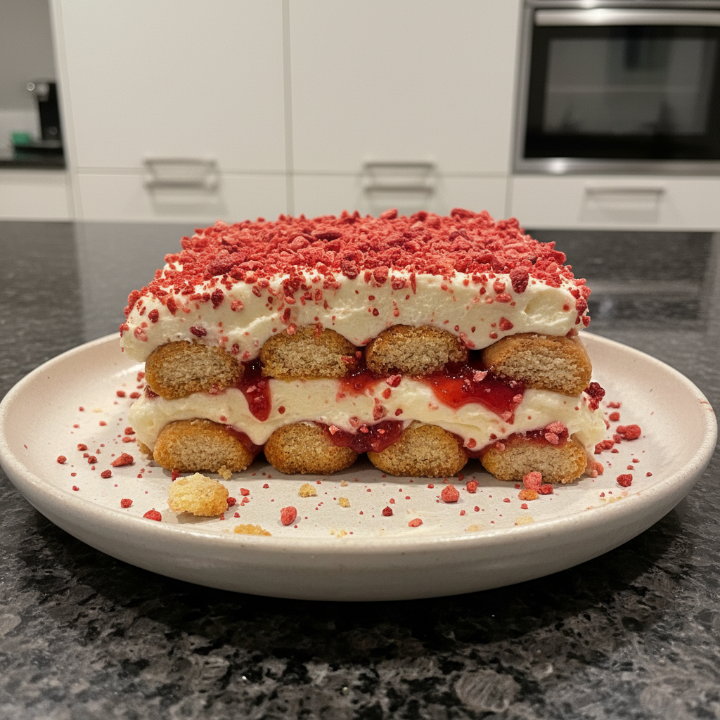 A delightful slice of Strawberries & Cream Tiramisu, layered with mascarpone, ladyfingers, and fresh berries.