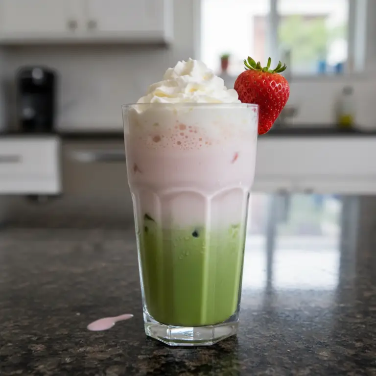 A beautiful, layered Strawberry Matcha Latte in a clear glass, showing vibrant green matcha and pink strawberry layers, topped with froth.