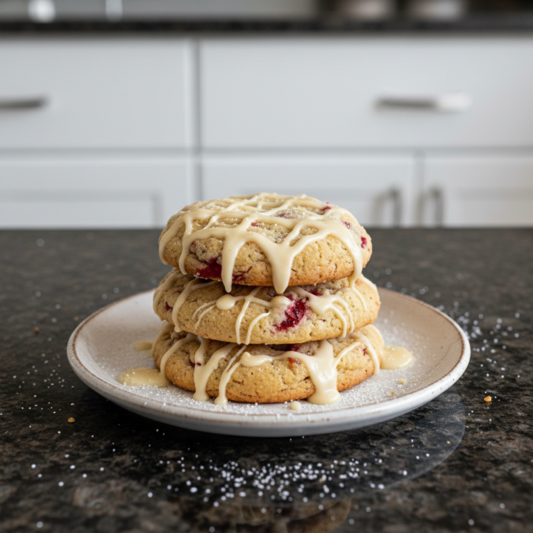 A close-up of fluffy, golden-brown Strawberry Shortcake Cookies with white chocolate chunks and a delicate pink glaze on a cooling rack.