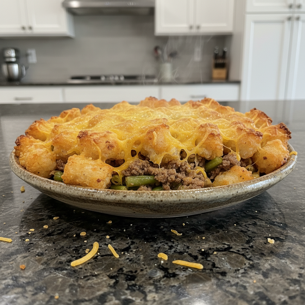 A golden-brown Tater Tot Casserole, bubbly and cheesy, fresh out of the oven, ready to serve.