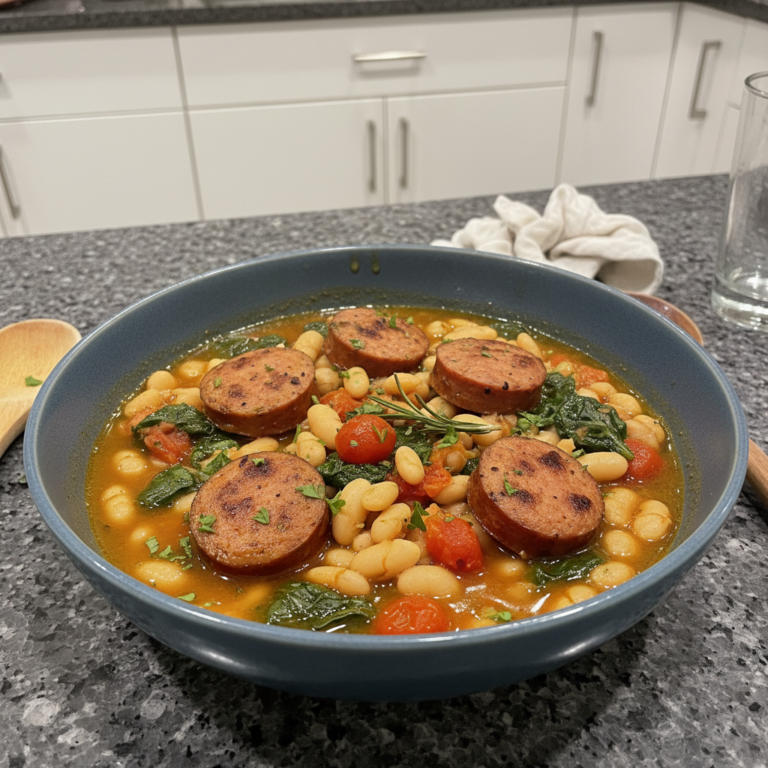 A rustic White Bean & Smoked Sausage Skillet, featuring golden-brown sausage, creamy white beans, and vibrant greens, ready to be served.