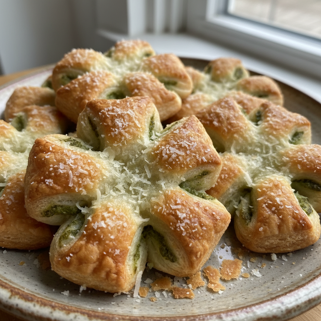 A close-up of golden, flaky 2 Ingredient Shamrock Pesto Puff Pastries arranged on a rustic serving plate.