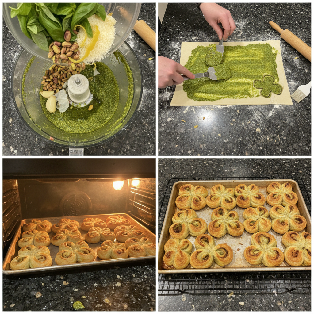 Hands cutting out festive shamrock shapes from puff pastry for 2 Ingredient Shamrock Pesto Puff Pastries.