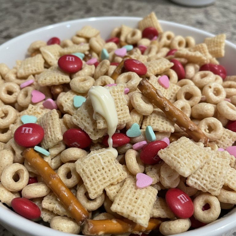 A vibrant bowl of 5-Ingredient Valentine Chex Mix with pink and red candies, perfect for a sweet treat.